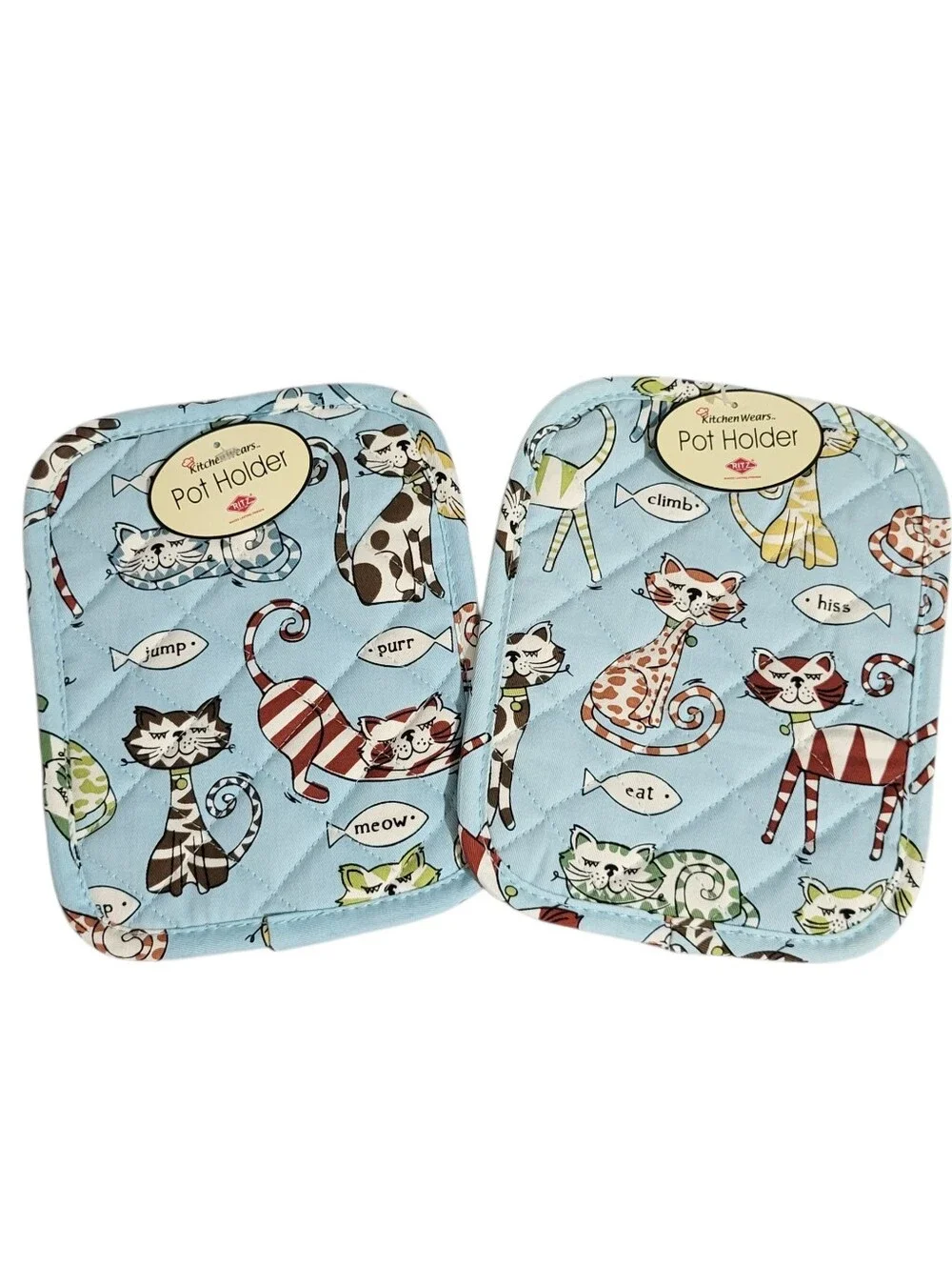 Ritz Kitchen Wears Retro Cats Set 2 Potholders Hot Pads Blue Quilted Kitsch MCM